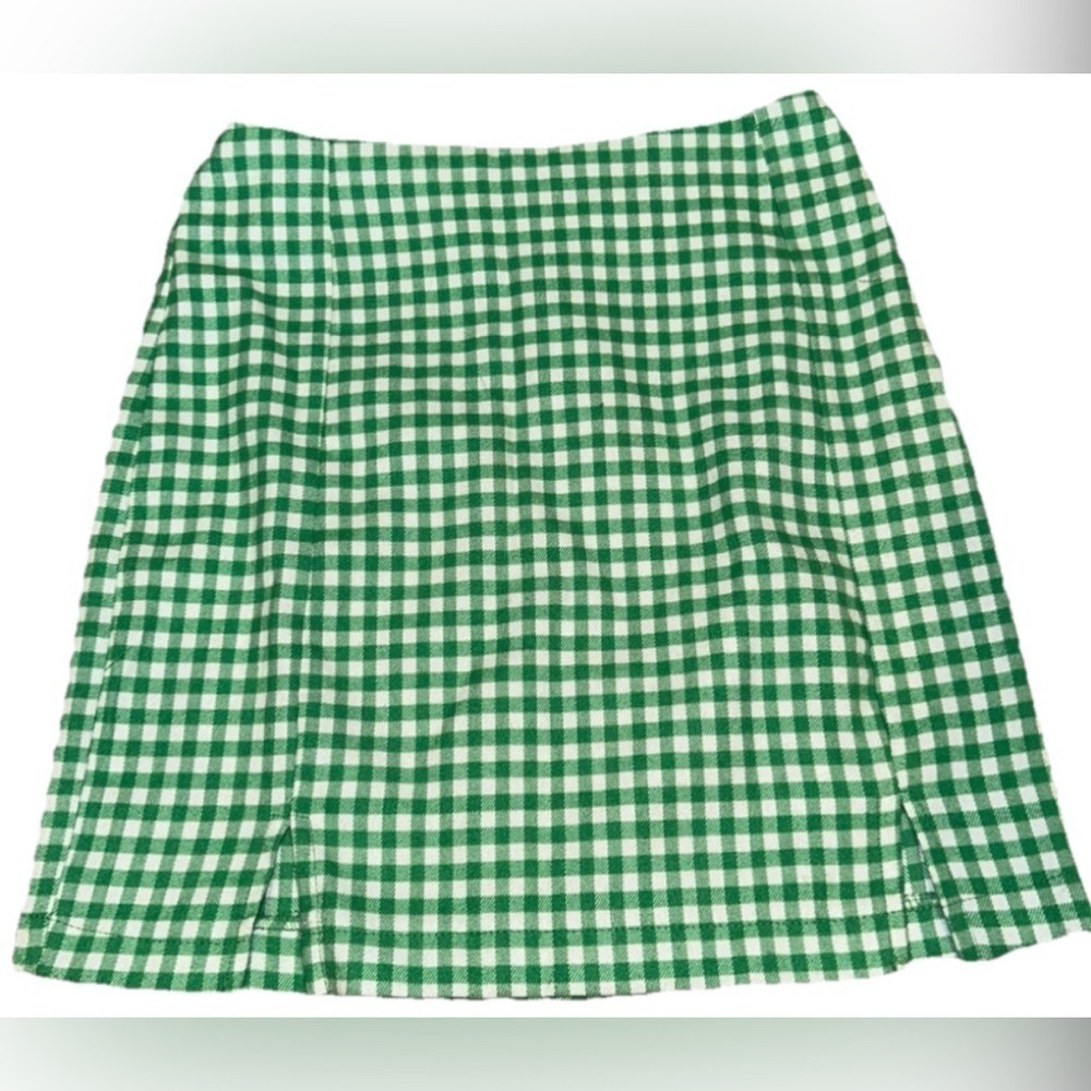 Love On A Hanger Women's Green Gingham Plaid Mini Skirt Front Slits Size 1